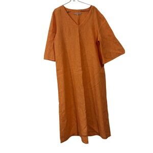 Bryn Walker Womens Orange Linen V-Neck Relaxed Midi Shift Dress L Made in USA